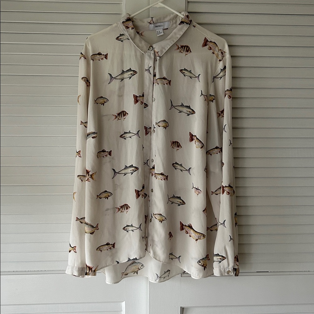 Fish Patterned Forever 21 White Button Up Shirt Plus Sized